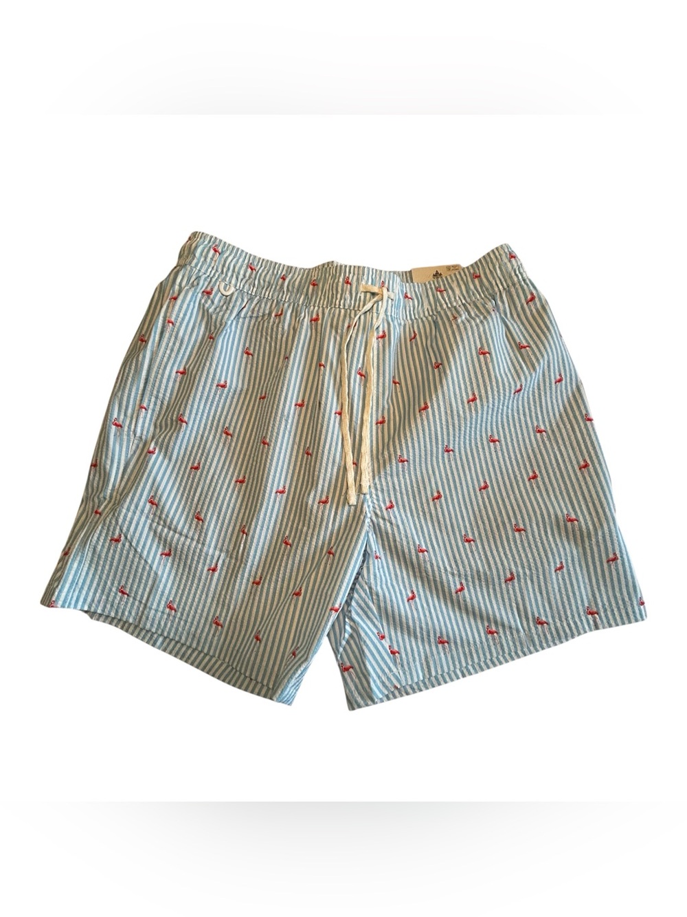 RAINFOREST Light Blue & White Seersucker Swim Trunks with Red Anchor Accents